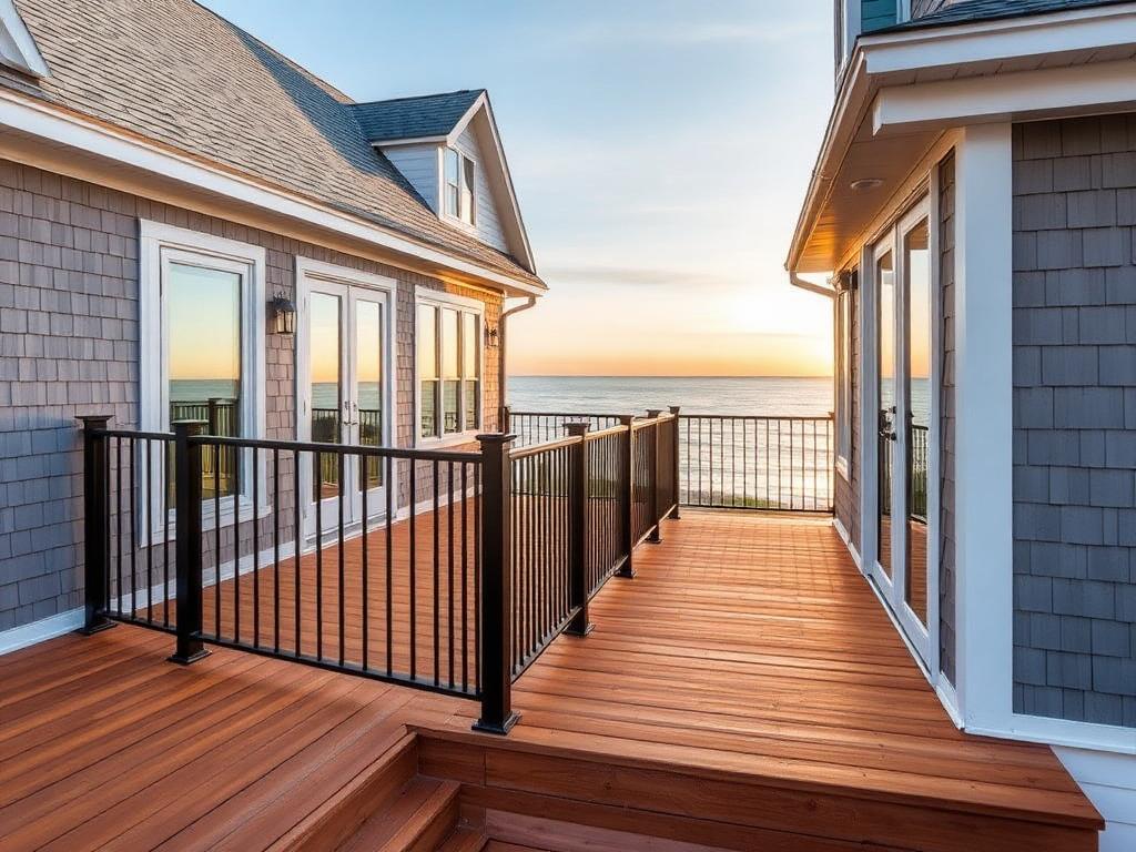 Composite deck with black aluminum railing on a coastal Maine home
